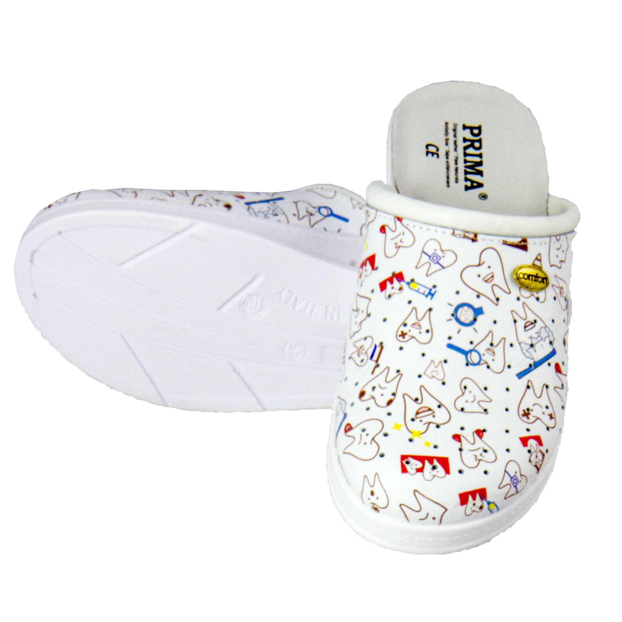 Saboti design medical, din piele, perforati, desene dintisori, talpa antiderapanta, marcaj CE, marime 35-40