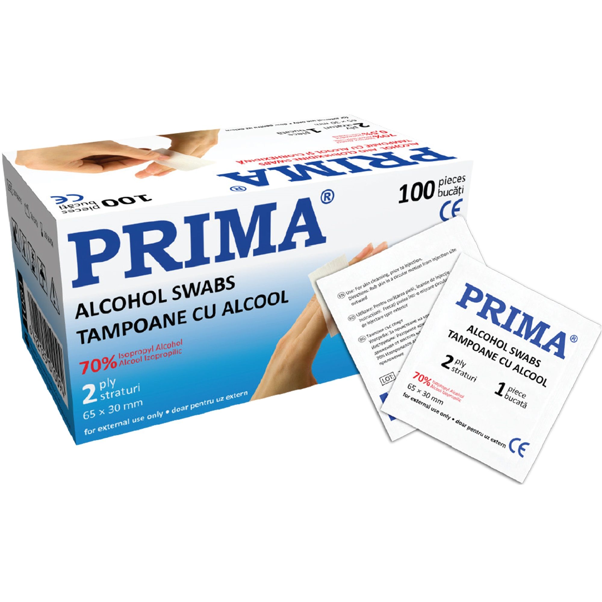 Tampoane impregnate cu alcool PRIMA, 6.5x3cm, 100 bucati