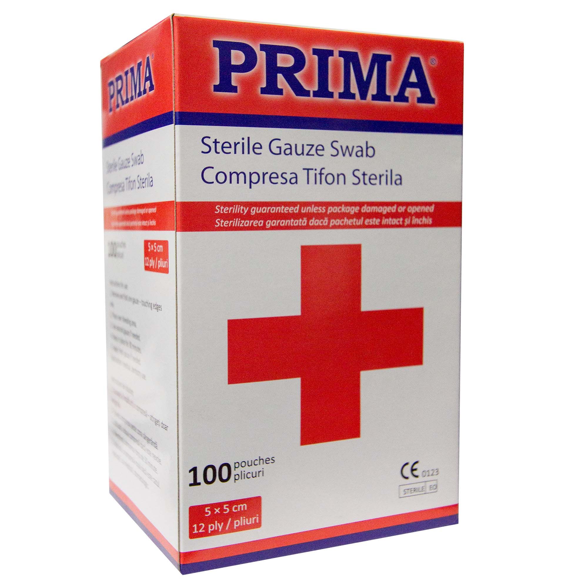 Compresa sterila din tifon PRIMA, 5x5cm, 12 straturi - 100 bucati